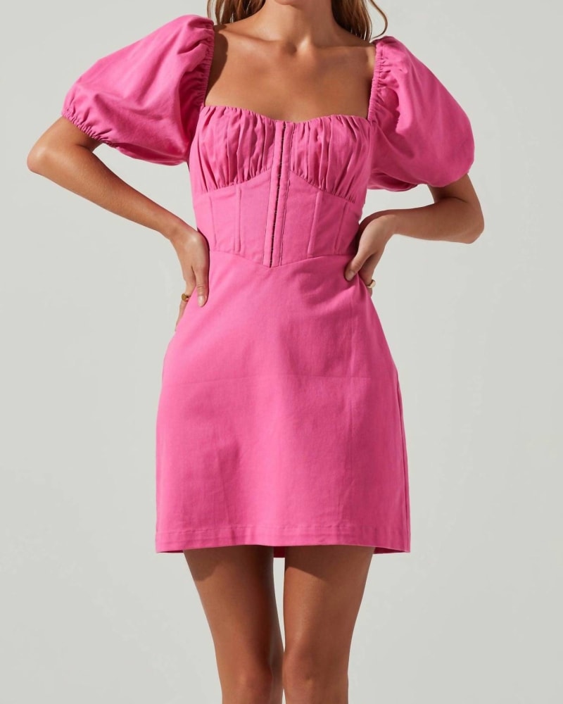 Front of a model wearing a size L Kelilah Puff Sleeve Bustier Mini Dress in Hot Pink in Hot Pink by ASTR. | dia_product_style_image_id:334849